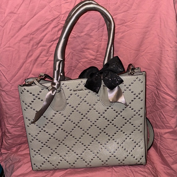 Michael Kors Handbags - Michael Kors Light Gray Studded Tote with Black Bow